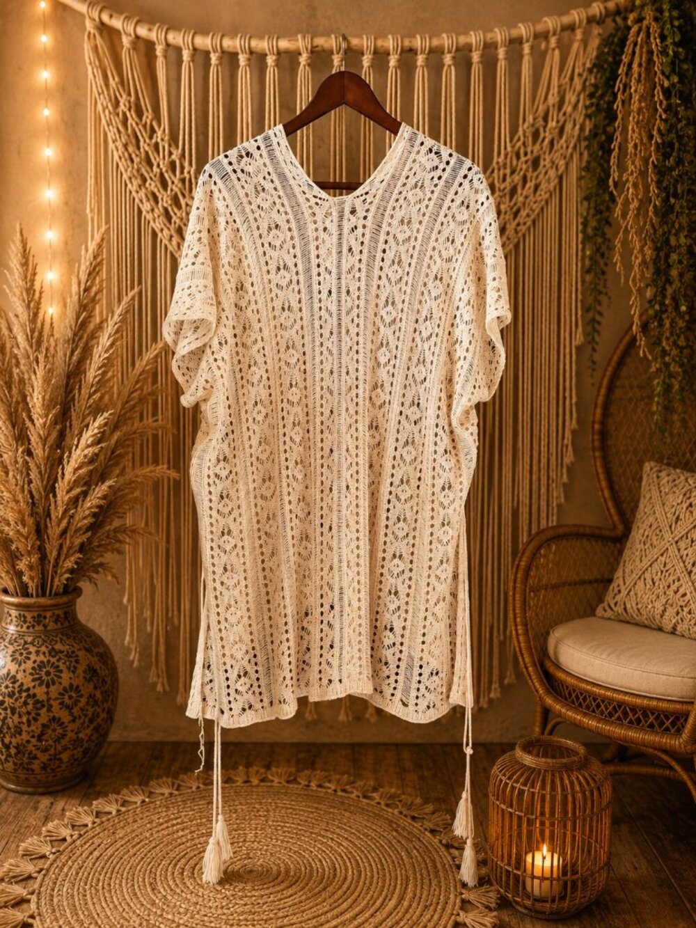 Boho Crochet Knit Tunic • Cream Ivory • Short Sleeve • Tassel Hem • Beach Cover